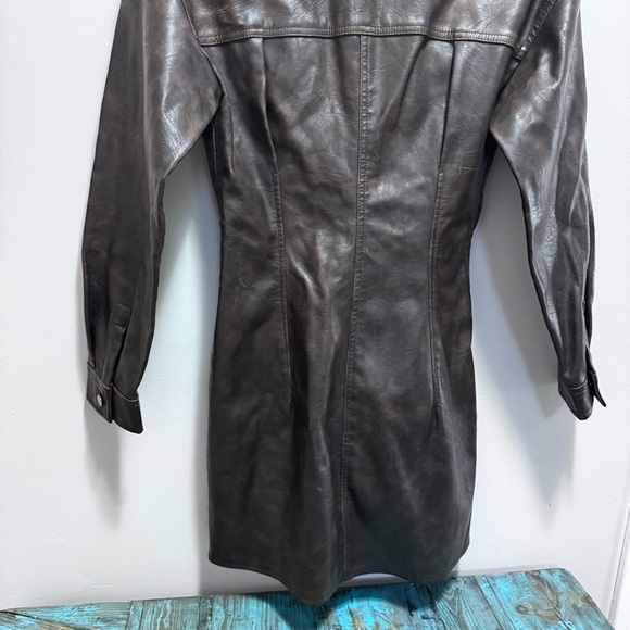 Zara Faux Leather Dress Washed Brown Long Sleeve Shirt Dress Shacket Size XS - Picture 12 of 16